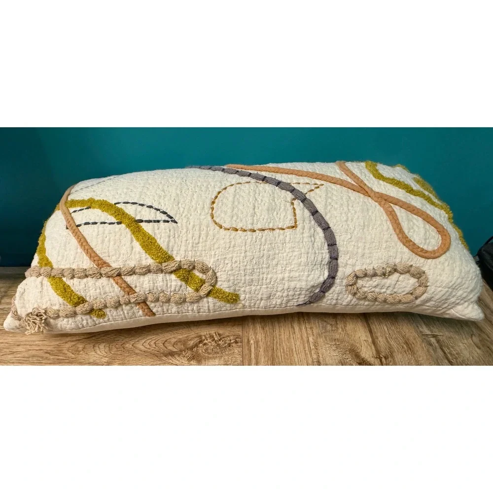 Decorative Lumbar Pillow Neutral 22x12 Cream Abstract Tufted Boho Modern Decor